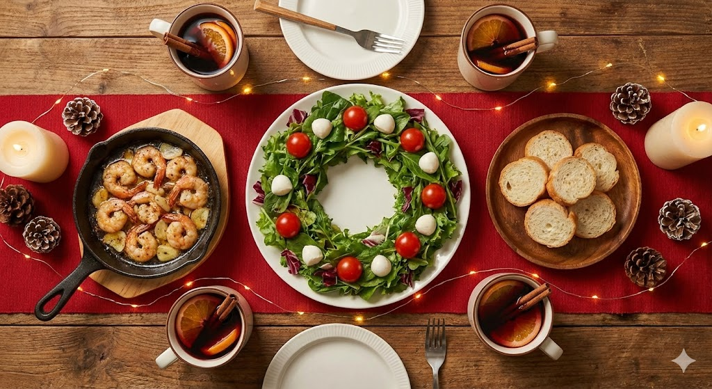 "크리스마스 식당 예약 전쟁 대신 집에서 즐기는 오붓한 홈파티! 요리 초보도 100% 성공하는 비주얼 최강 메뉴 3가지(리스 샐러드, 감바스, 뱅쇼) 초간단 레시피를 소개합니다. 연말 분위기 제대로 내는 플레이팅 꿀팁까지 확인하세요."
