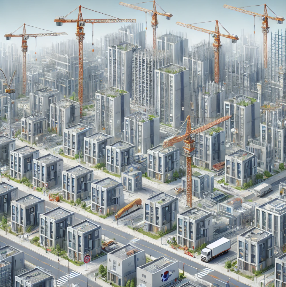 건설 현장, 주택 건설을 위해 바쁘게 움직이는 크레인과 공사 구조물