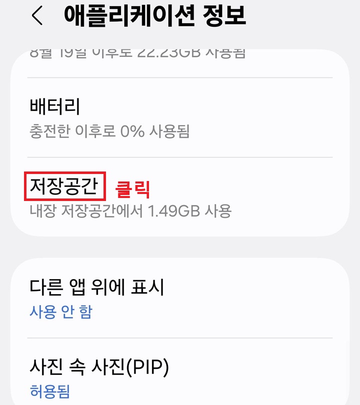 애플리케이션 정보 페이지에 저장 공간 메뉴 보임