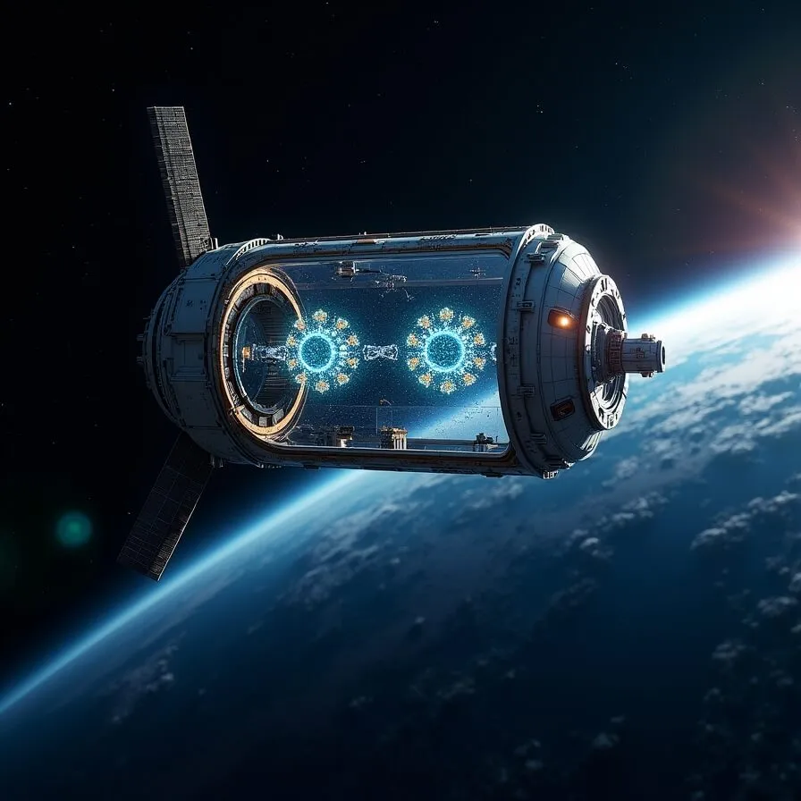NASA 국제우주정거장(ISS)에서 진행된 Infleqtion 냉각 원자 실험실 검증을 표현한 이미지. 지구 궤도를 도는 ISS의 투명 단면도를 통해 내부 실험실이 보이며, 무중력 상태에서 골든과 청록색으로 빛나는 중성 원자들이 부유하고 있다. 배경의 별과 지구 가장자리가 우주 환경을 나타내며, 2018년부터 진행된 Infleqtion 기술의 극한 환경 내구성과 신뢰도를 시각적으로 증명한다 (NASA ISS Cold Atom Laboratory, Infleqtion space validation)