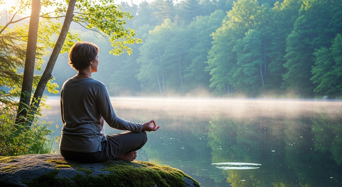잔잔한 호수 옆에서 명상하며 마음챙김을 실천하는 사람