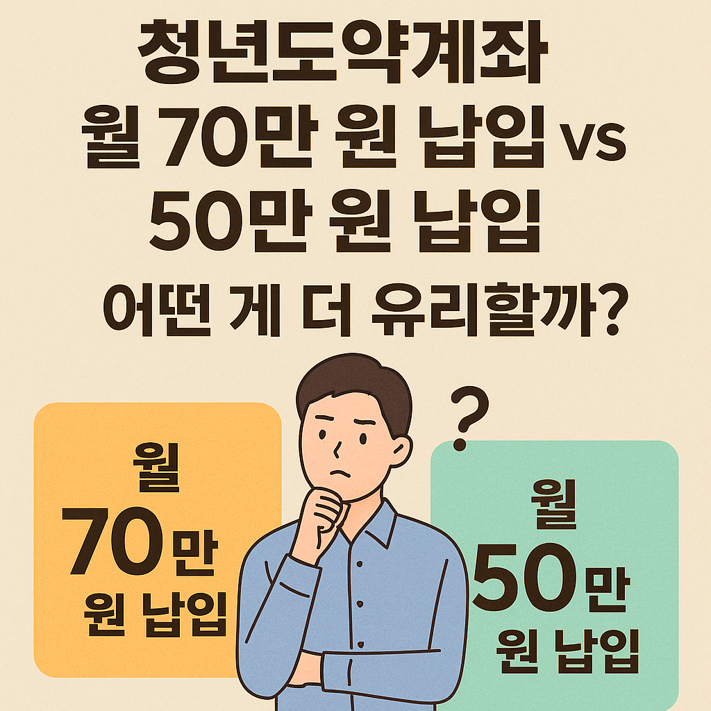월 70만 원 납입과 50만 원 납입을 고민하는 사람을 나타내는 인포그래픽 이미지
