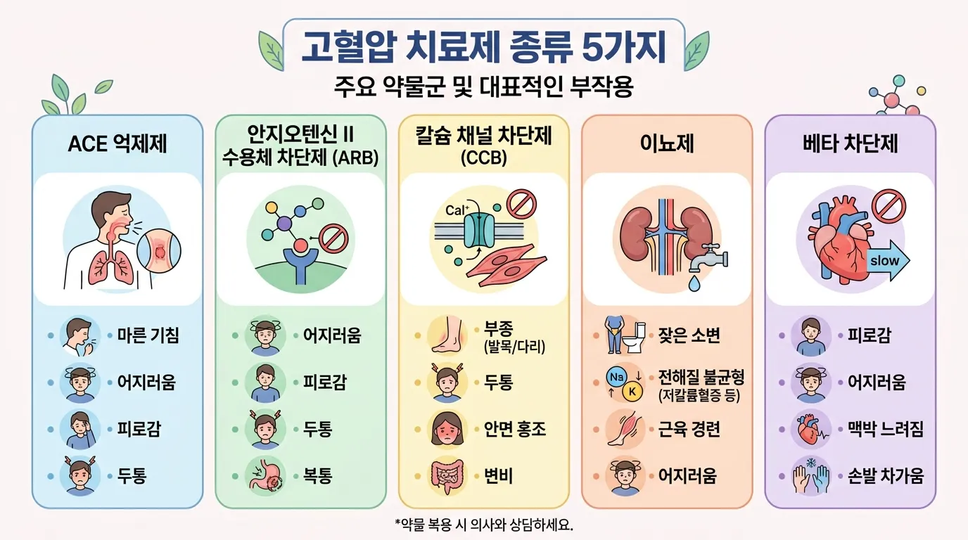고혈압약 5가지 계열과 대표 부작용을 정리한 인포그래픽