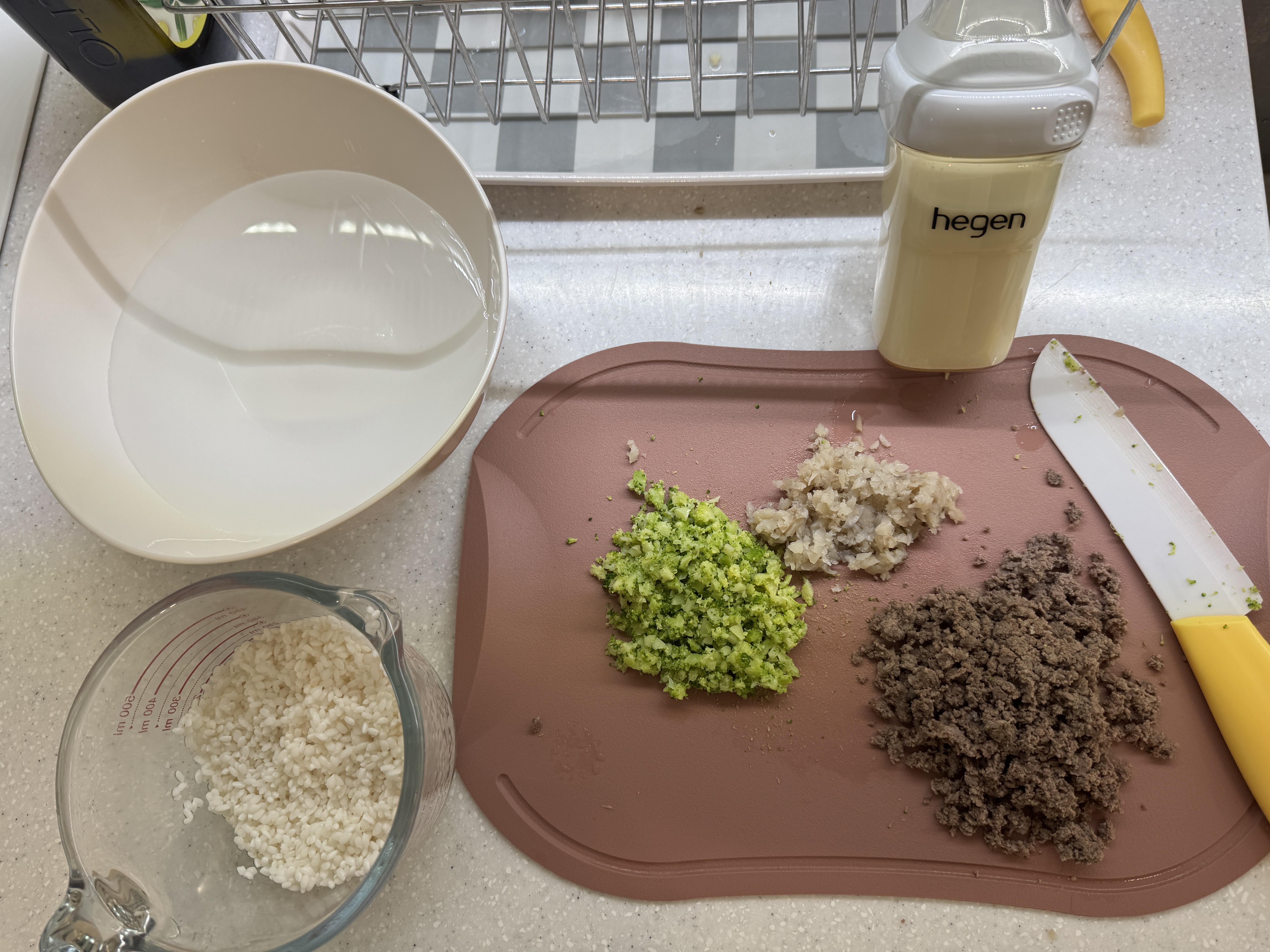 분유, 물, 불린쌀, 소고기, 브로콜리, 버섯 재료 사진