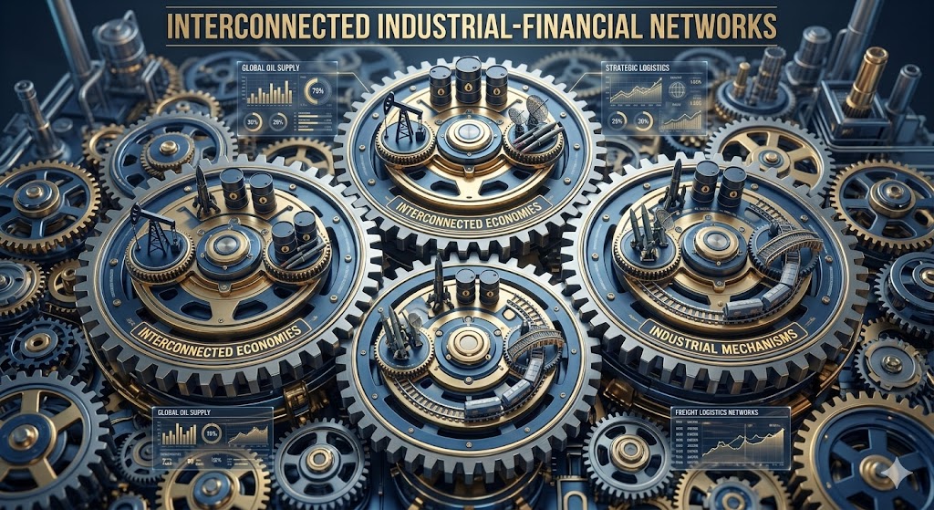 원유, 미사일, 철도가 그려진 거대한 톱니바퀴 인포그래픽
