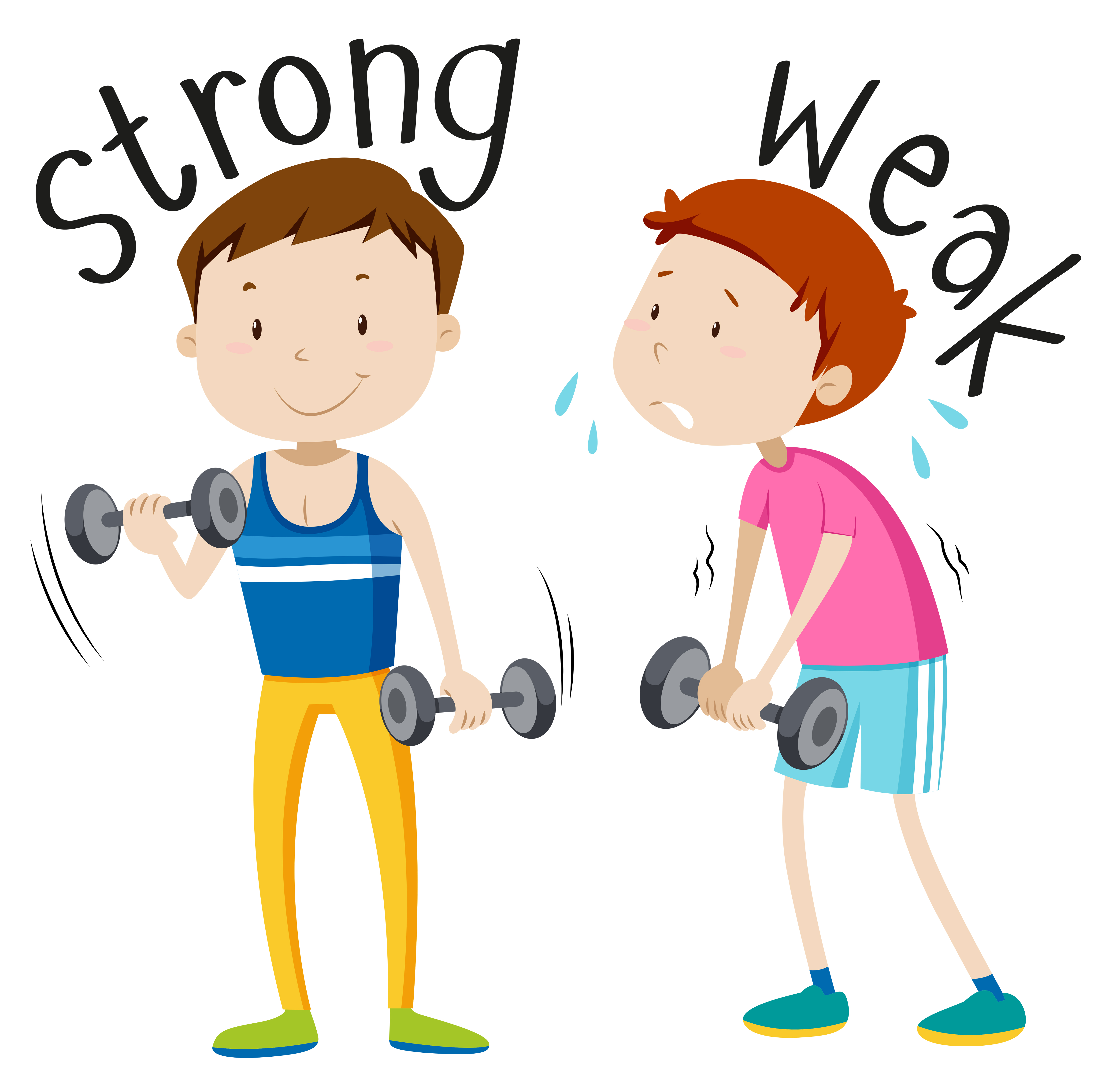 강한 어린이와 허약한 어린이를 비교하는 이미지 (opposite-adjective-with-strong-weak)
