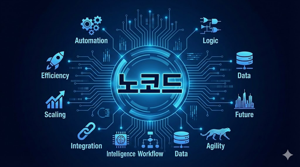 2026년 필수 노코드 AI 플랫폼 30선을 소개하는 비즈니스 인포그래픽 디자인. 중앙에 노코드 글자가 강조되어 있으며 주변에 자동화와 효율성을 의미하는 다양한 영단어들이 세련되게 배치된 고해상도 이미지.