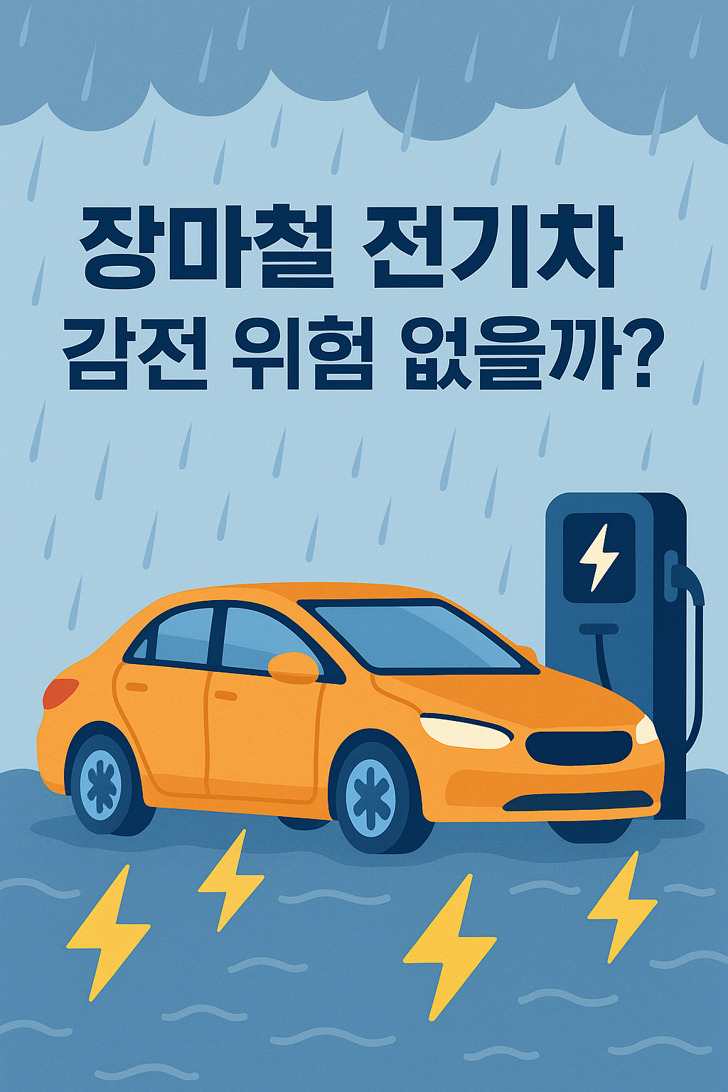 비오는 날 전기 충전하고 있는 전기차 그림