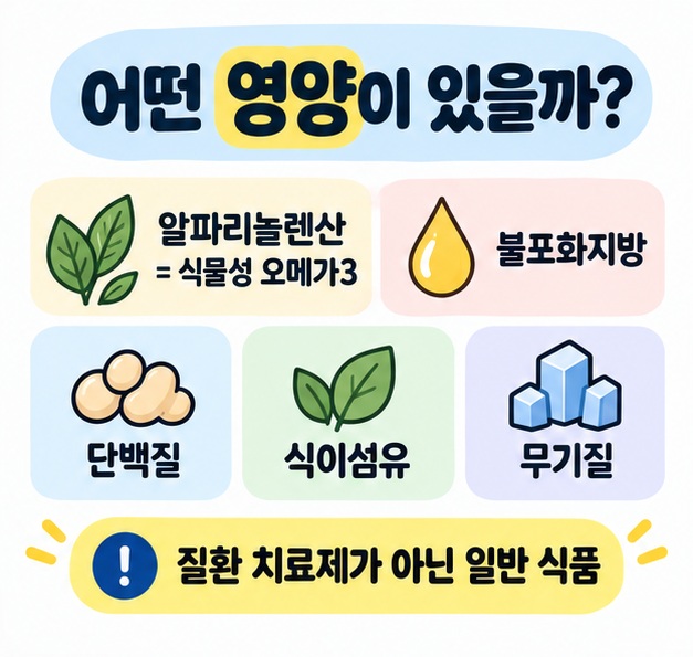 들깨가루의 알파리놀렌산, 불포화지방, 단백질, 식이섬유, 무기질 등 주요 영양 특징을 정리한 카드