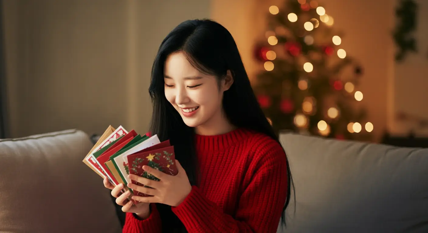 크리스마스 카드를 들고 있는 여성