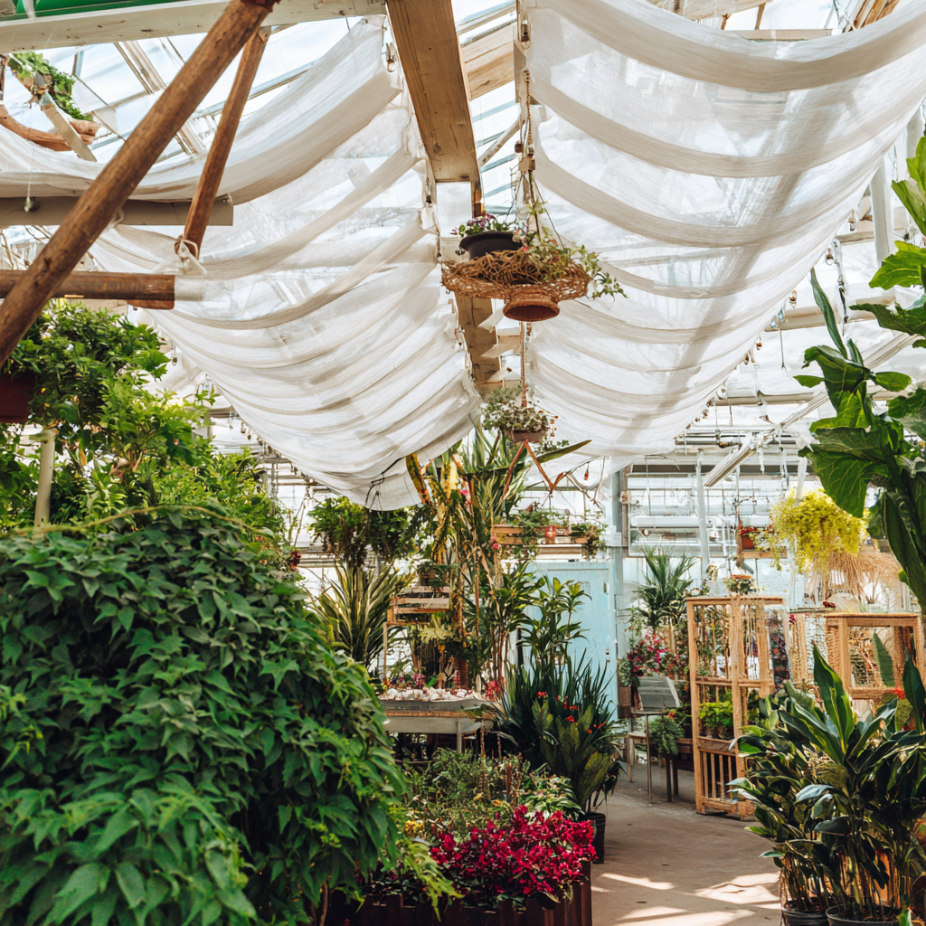 여름철 온실 속 다양한 실내식물과 반양지 환경의 식물원 풍경