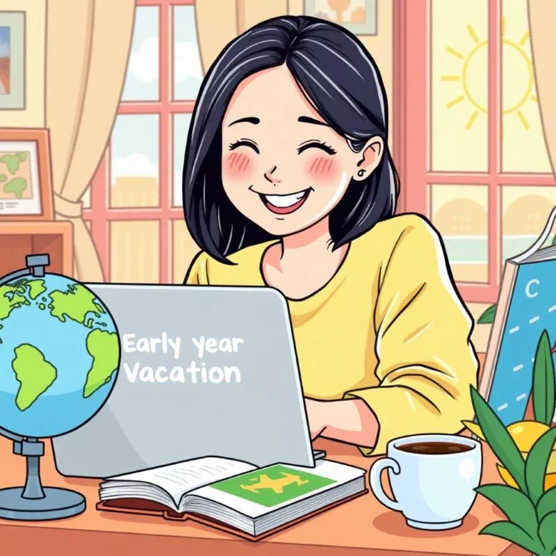 여름휴가 얼리 바캉스 예약을 위해 노트북 앞에서 행복하게 검색하는 여행자의 모습, 휴가 경비 절약의 시작