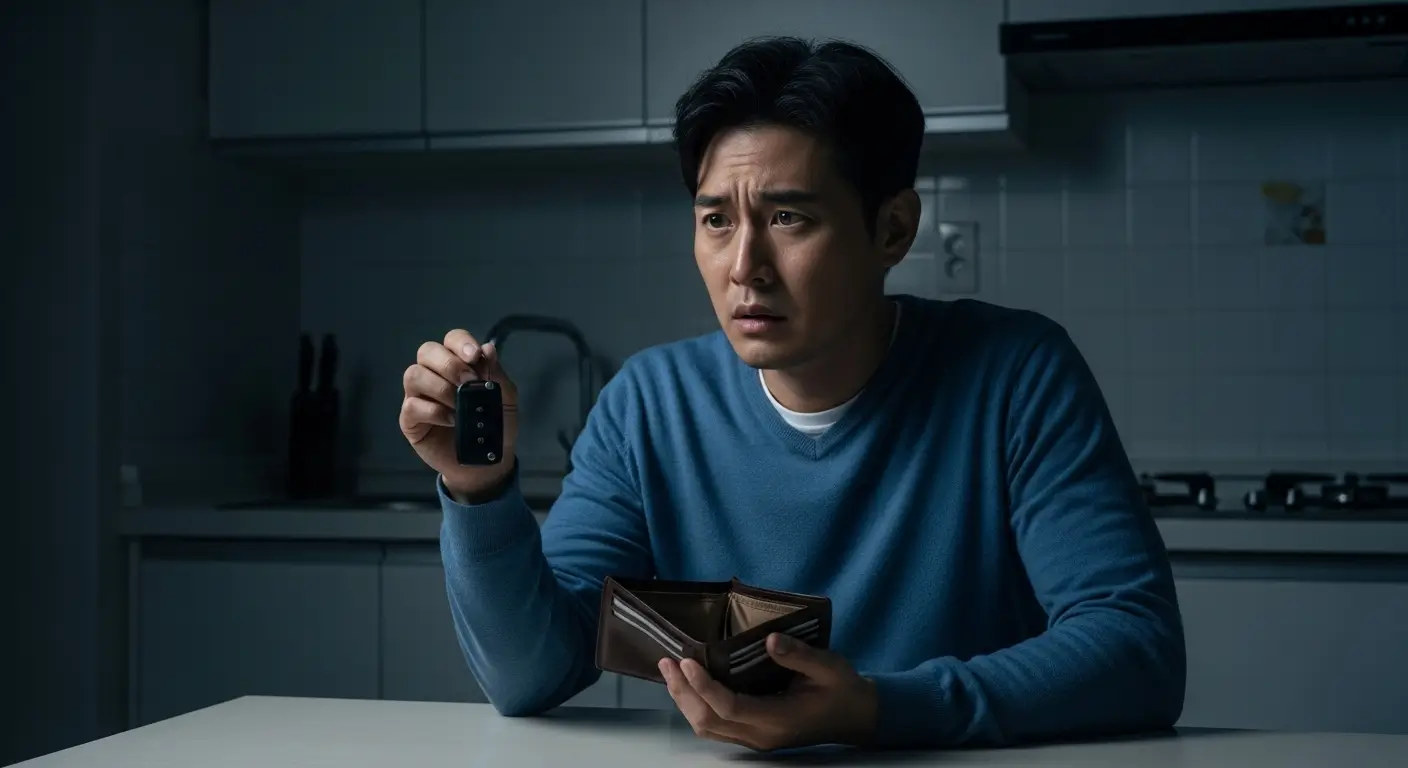 한 한국인 차주가 자신의 자동차 키와 텅 빈 지갑을 보며 대출을 고민하는 모습