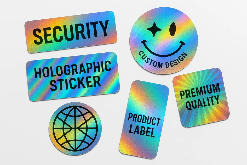 다양한 각도에서 무지개빛으로 반짝이는 홀로그램 스티커 샘플들, 보안 라벨과 제품 패키징용 홀로그램 스티커 제작 사례