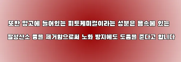  또한 망고에 들어있는 피토케미컬이라는 성분은 몸속에 있는 활성산소 등을 제거함으로써 노화 방지에도 도움을 준다고 합니다