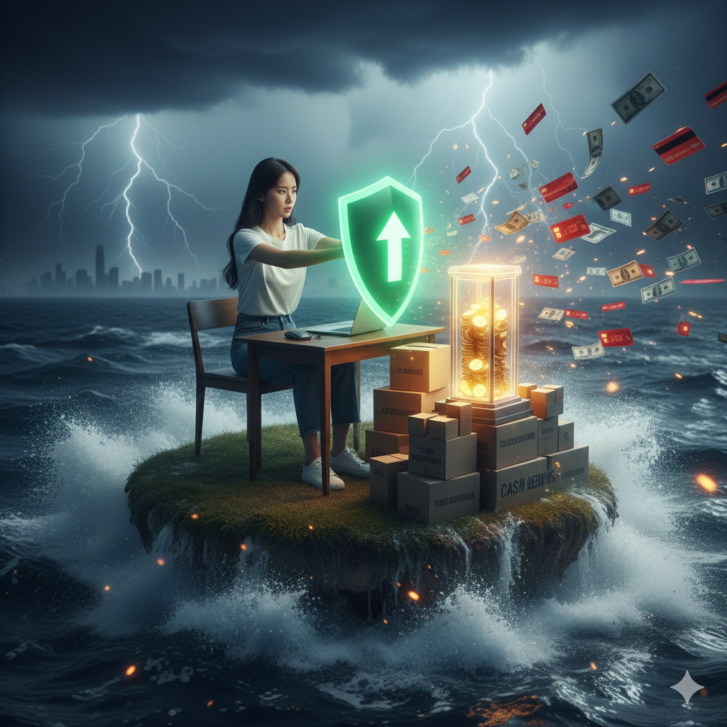 거센 파도가 치고 천둥 번개가 몰아치는 바다 한가운데 작은 풀밭 섬에서 한 한국인 여성이 앉아 태블릿을 사용하고 있어요. 그녀의 앞에는 금화가 가득 담긴 투명한 유리 케이스와 상자들이 쌓여 있고, 녹색 방패 모양의 보호막이 자산을 지키고 있어요. 주변에는 지폐와 신용카드가 폭풍우 속에서 흩날리고 있어요. 이는 금융 시장의 폭풍우 속에서 안전마진을 지키는 모습을 상징해요.