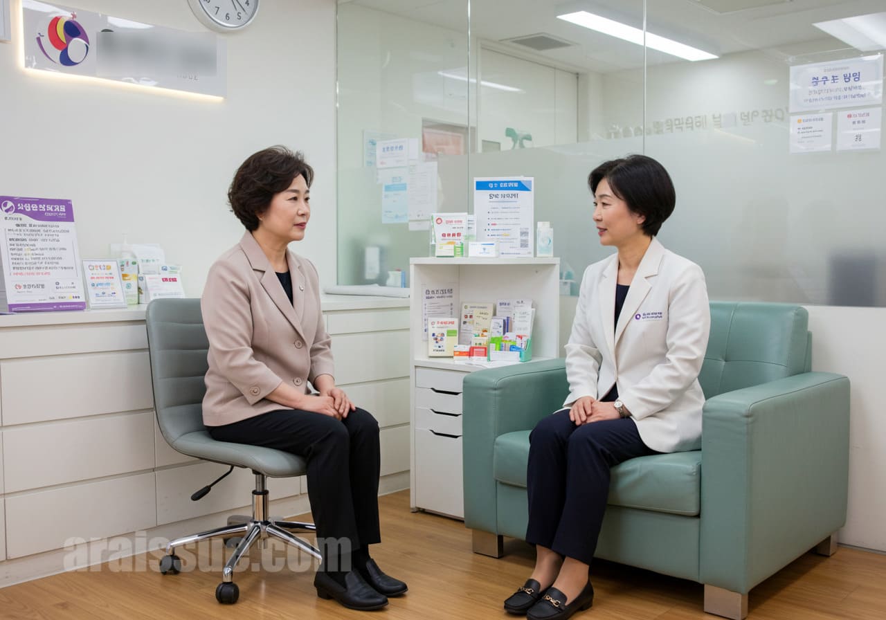 현대적인 클리닉에서 건강 관리 전문가와 갱년기 여성 지원 프로그램에 대해 상담하는 50대 한국 여성. 그녀는 상담 중에 진지하고 참여하는 표정을 짓고 있습니다.