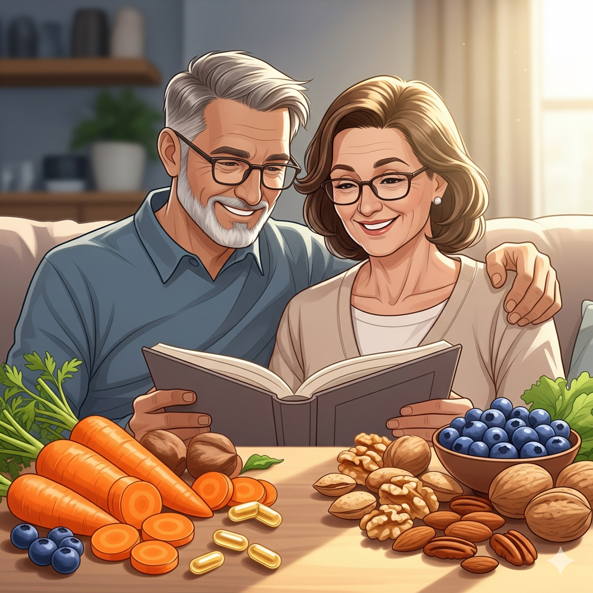 50-60대 중년 남녀가 안경을 쓰고 책을 읽으며 미소짓고 있는 모습