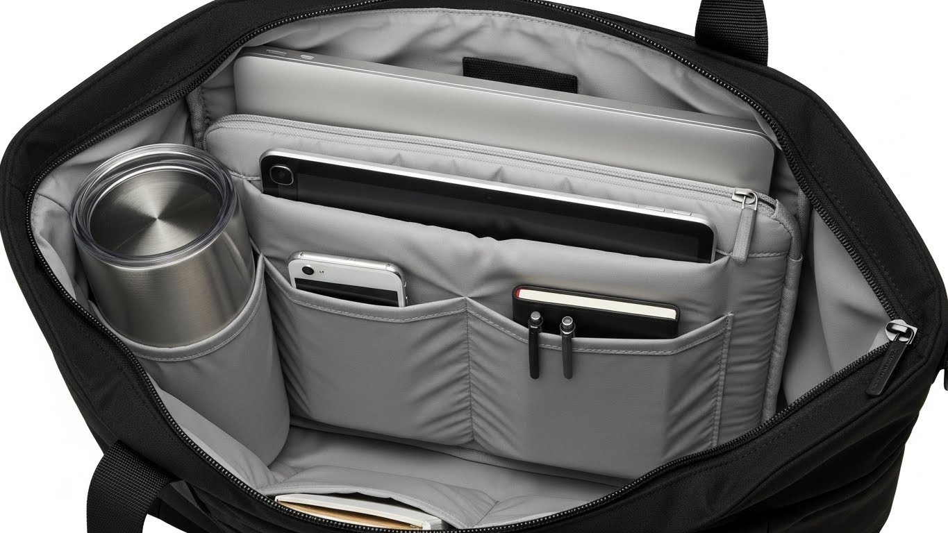 노트북, 태블릿, 텀블러가 깔끔하게 수납된 노스페이스 네버스탑 토트백 내부 구조
