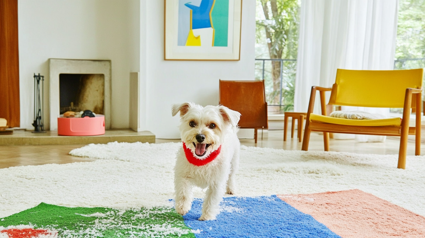 깨끗한 집에서 놀고 있는 반려동물의 모습과 함께 털과 냄새를 효과적으로 제거하는 삼성 세탁기의 펫 케어 기능을 강조합니다.