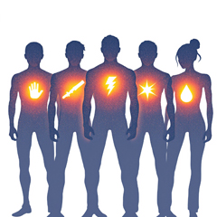 하이파이브 영화 초능력 캐릭터&amp;#44; 가슴에 각자 능력표시가 되어있는 영화 포스터