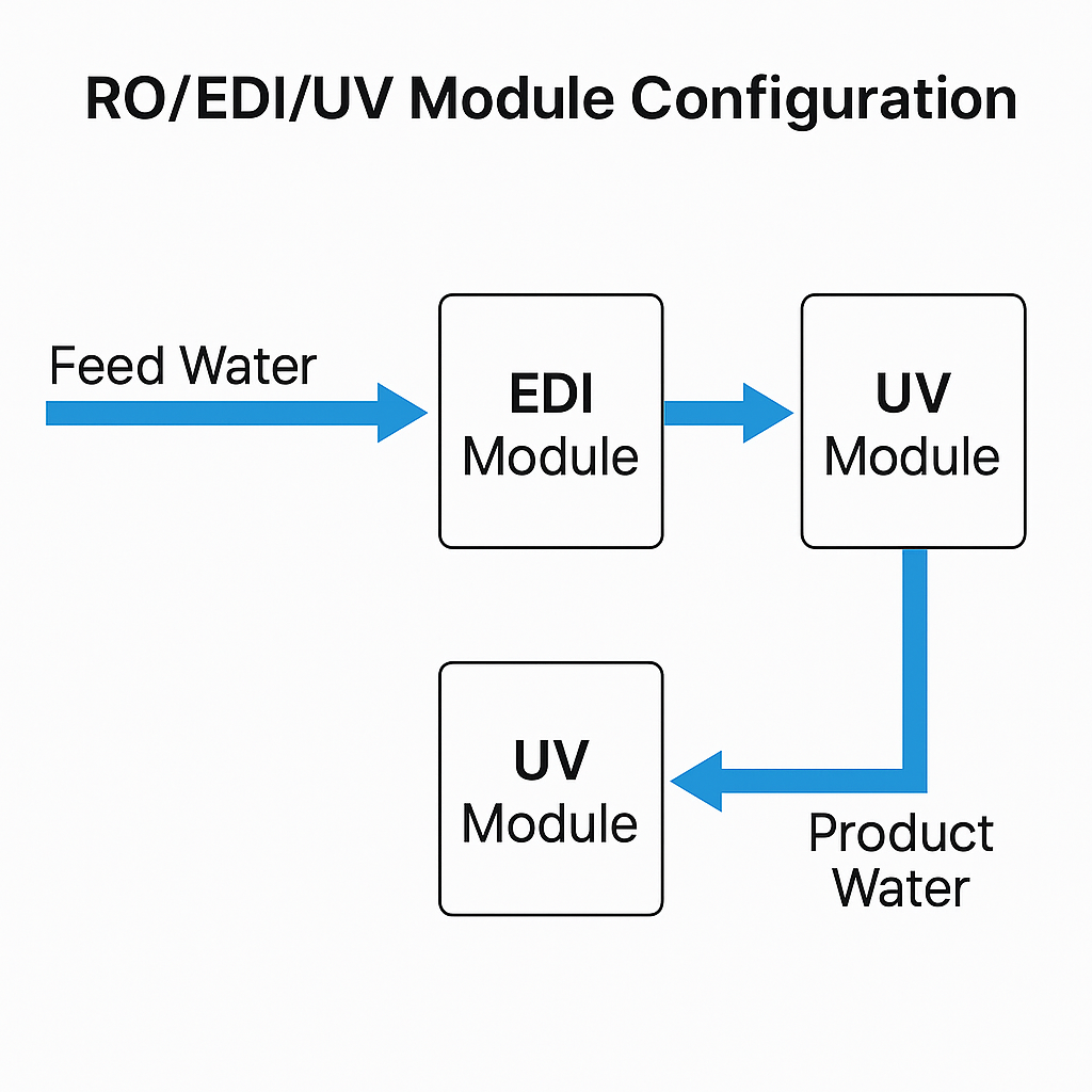 RO, EDI, UV modules in a pharmaceutical water purification system - process flow diagram