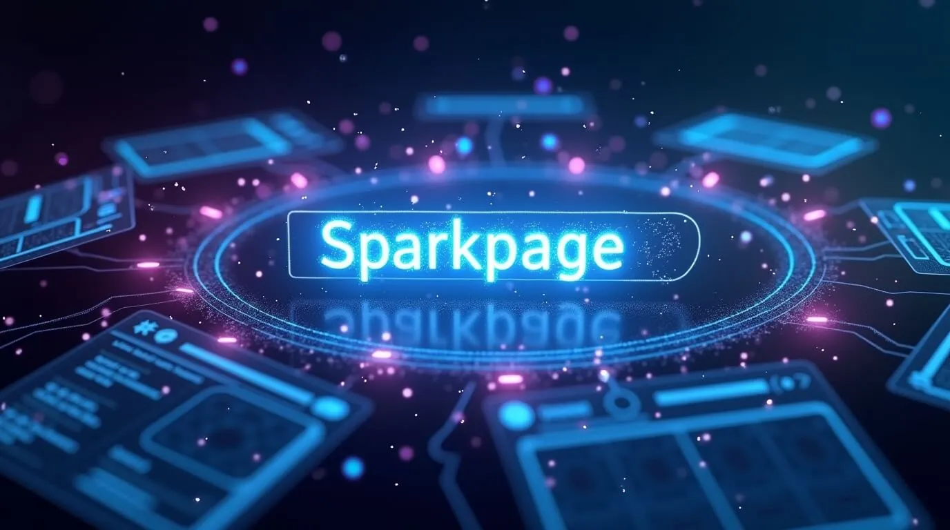 젠스파크의 핵심 기능인 Sparkpage 생성 프로세스를 보여주는 미래적 홀로그램 인터페이스, 중앙의 네온 검색창 주변으로 투명한 디지털 웹페이지들이 실시간으로 조합되는 AI 검색 엔진 시각화 (Genspark, Sparkpage, AI search engine, holographic interface, real-time web generation)