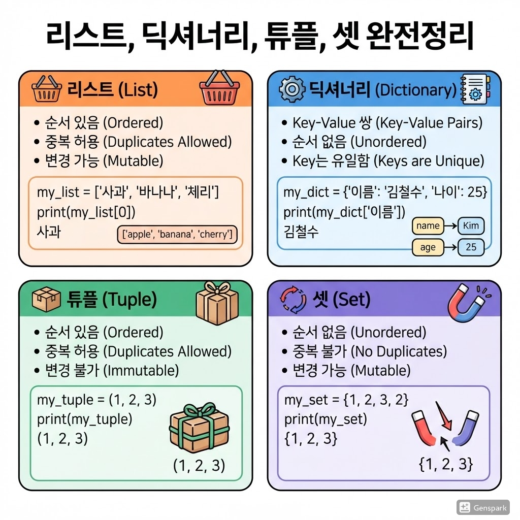 리스트, 딕셔너리, 튜플, 셋 완전정리