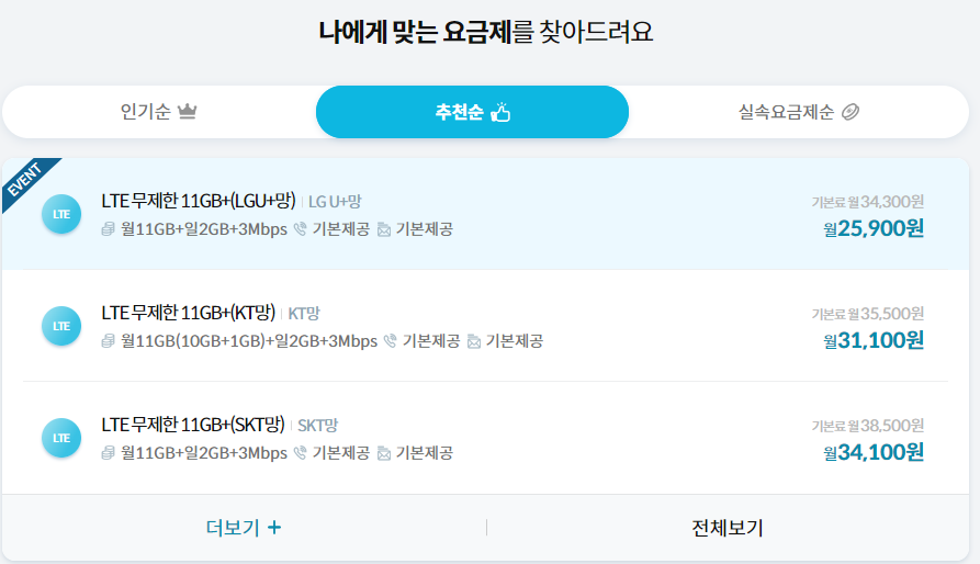 우체국 알뜰폰 요금제 비교
