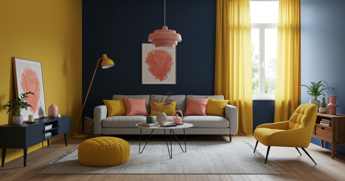 네이비, 머스터드, 코랄 색상을 활용한 컬러 블록 스타일의 거실 인테리어