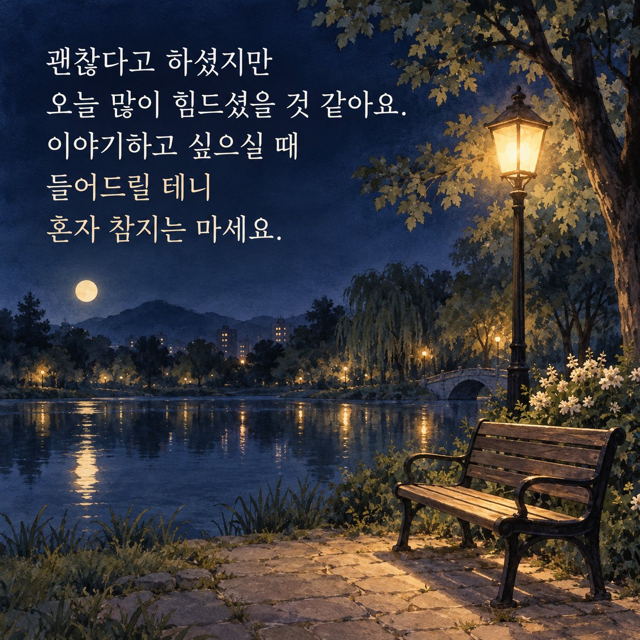 지친 마음을 위로하는 저녁 인사 이미지 22 — 괜찮다고 하셨지만 오늘 많이 힘드셨을 것 같아요. 이야기하고 싶으실 때 들어드릴 테니 혼자 참지는 마세요.