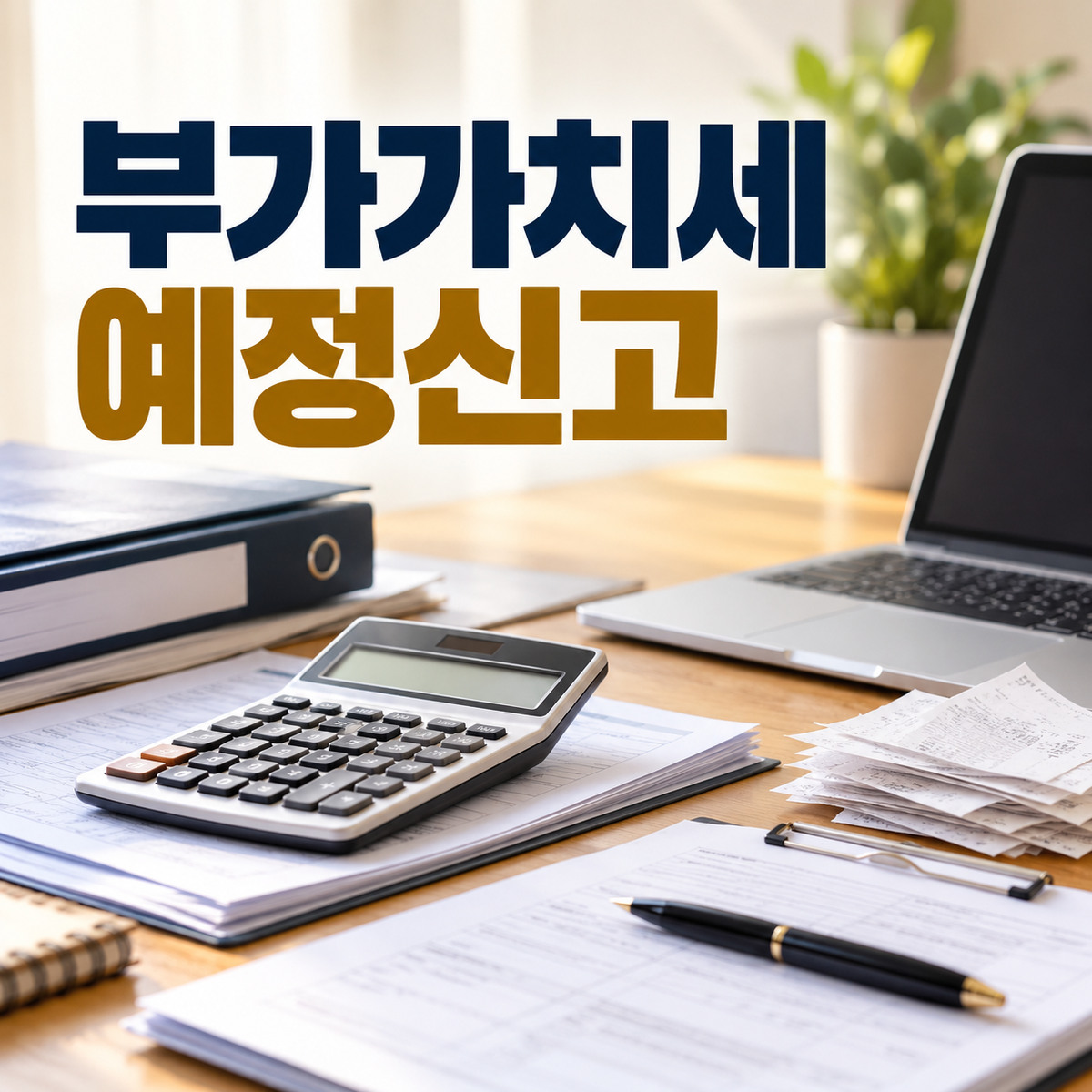계산기와 세금 관련 서류가 놓인 책상 위에 부가가치세 예정신고 문구가 표시된 장면