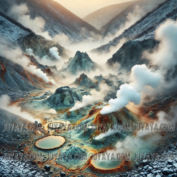 일본 나가사키의 운젠 지고쿠(지옥 계곡). 험준한 바위 지형과 유황 증기가 피어오르는 신비로운 풍경으로, 겨울 배경 속 약간의 눈이 깔려 있어 자연의 생동감을 더한다.