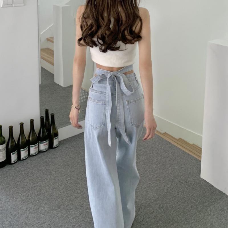 봄 여름 가을 여자 와이드 일자통 데님 팬츠 벨트 백리본 청바지