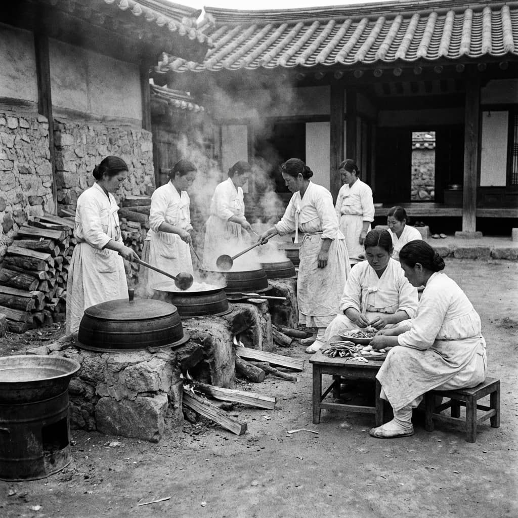 "1960년대 한국 가정집 출장요리 모습, 마당에서 대형 솥으로 음식을 조리하는 흑백 사진
