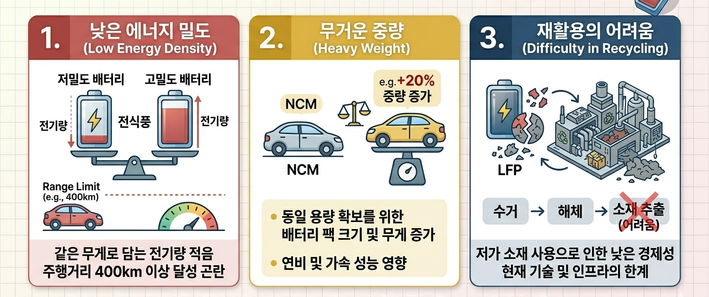 LFP 배터리 단점 쉽게 3가지로 설명한 인포그래픽.