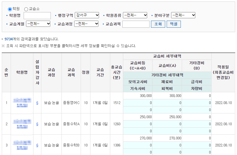 학원민원서비스-홈페이지-서울강서구-학원비-검색결과사진