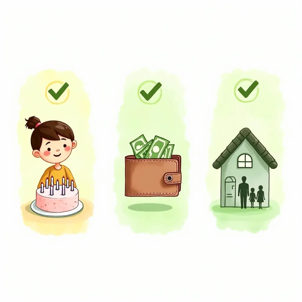 청년미래적금 신청 자격 3가지 조건을 보여주는 수채화 애니메이션 일러스트입니다. 왼쪽부터 생일 케이크를 든 젊은 여성으로 만 19-34세 나이 조건을&amp;#44; 중앙의 지갑과 지폐로 연소득 6000만원 이하 소득 조건을&amp;#44; 오른쪽의 집과 가족 실루엣으로 기준 중위소득 200% 이하 가구 소득 조건을 각각 녹색 체크마크와 함께 표현하여 청년미래적금 가입 조건을 한눈에 확인할 수 있습니다. 
