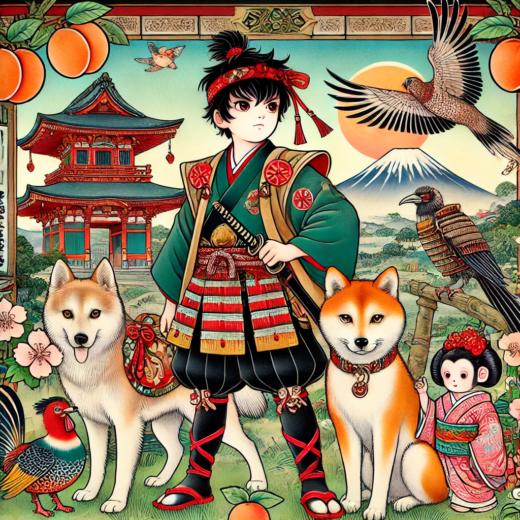 모모타로 전설을 표현한 그림 또는 오카야마의 관련 명소