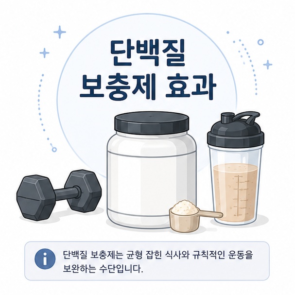 단백질 보충제와 쉐이커, 덤벨을 이용해 운동할 때 단백질 보충제가 하는 역할을 소개하는 그림