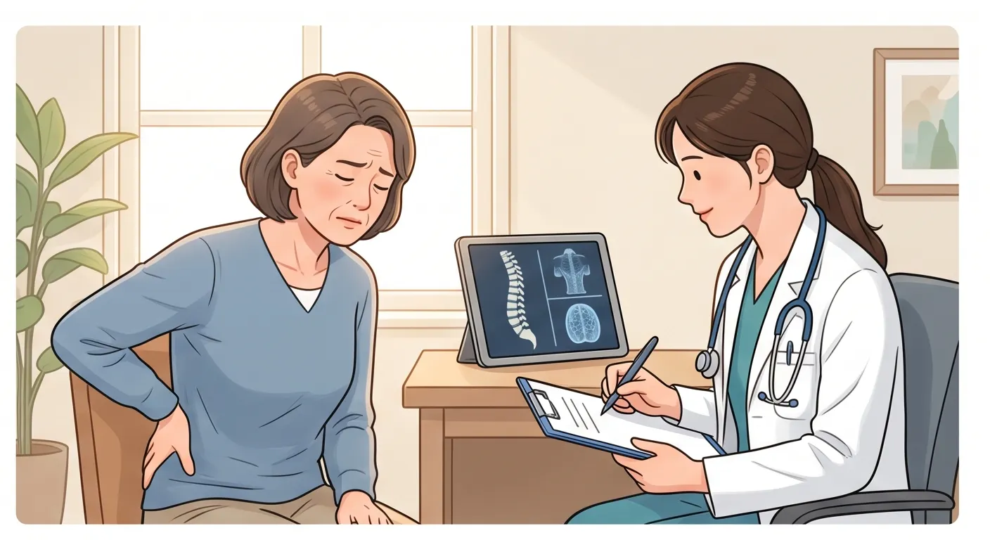 허리 통증을 호소하는 환자가 의사에게 척추 MRI 진료 상담을 받는 모습