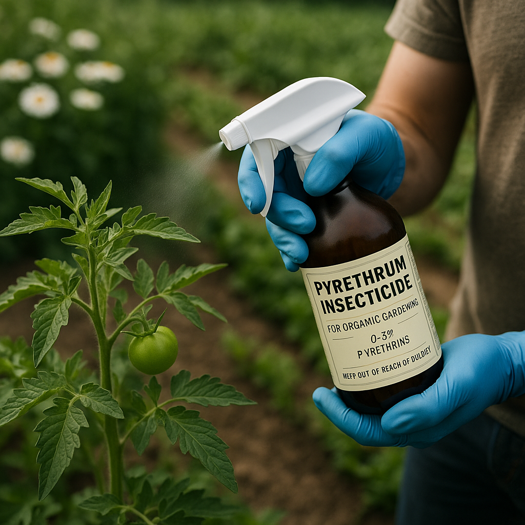 파란 니트릴 장갑을 착용한 사람이 텃밭의 토마토 잎에 제충국 천연살충제를 분사하는 모습