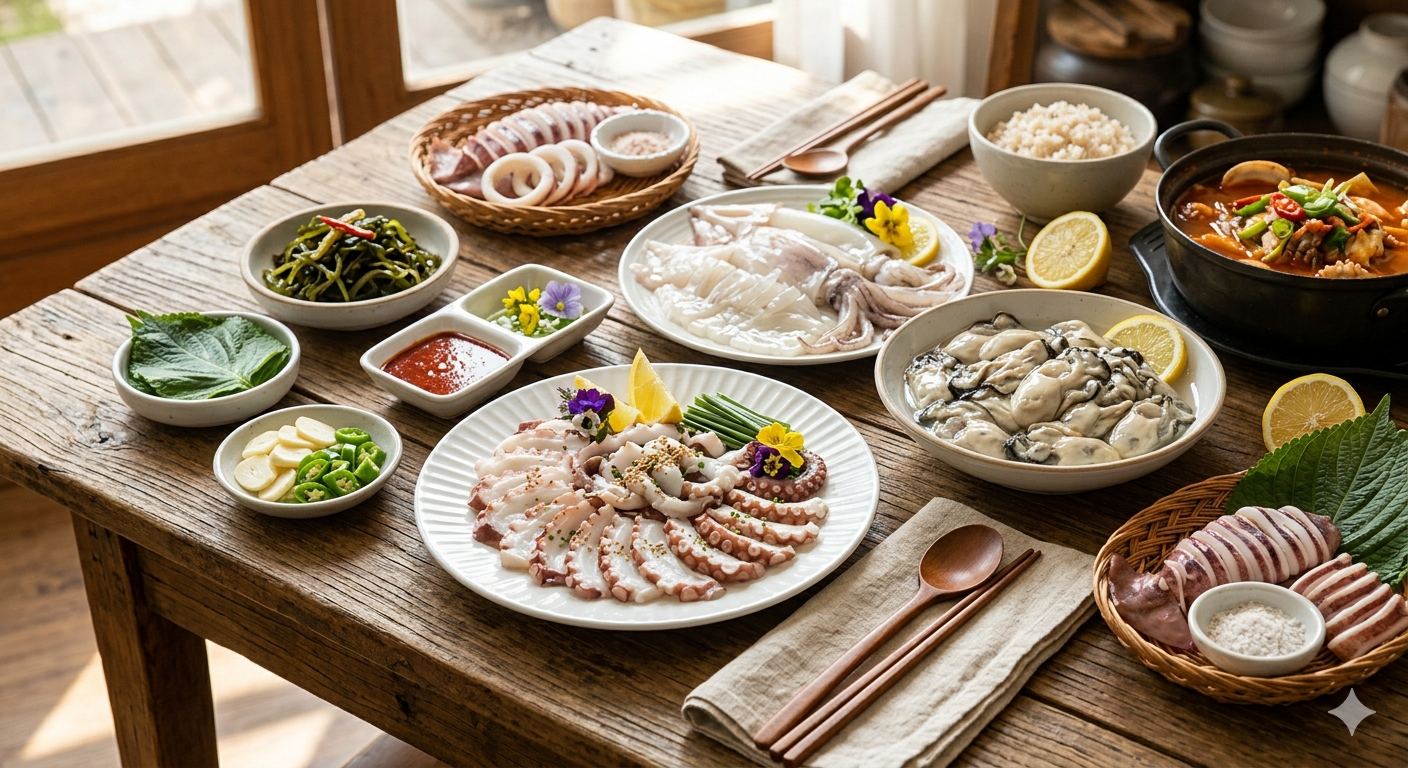 햇살이 비치는 나무 테이블 위에 놓인 풍성한 Korean 해산물 한상차림 사진. 싱싱한 Raw octopus (문어), raw squid (오징어 회), halved shells의 raw oysters (굴)이 clustered 되어 타우린과 마그네슘 정보를 제공하는 건강 블로그 이미지"