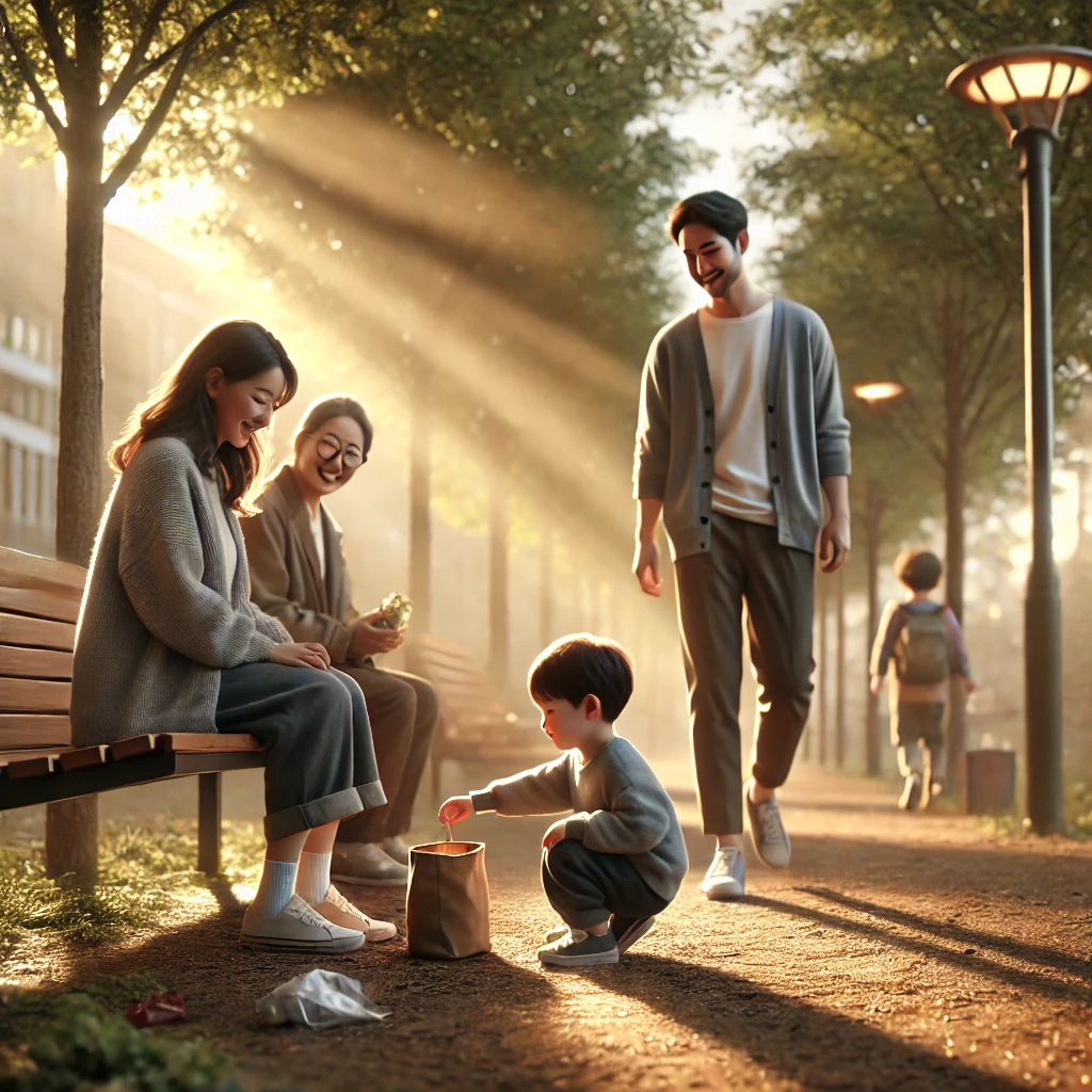 작은 친절이 시작되는 아름다운 순간을 따뜻하고 사실적으로 표현하고 있습니다. 아이가 친구를 돕는 모습을 부모가 흐뭇하게 바라보며 따뜻한 분위기를 조성한 장면이 담겨 있습니다.