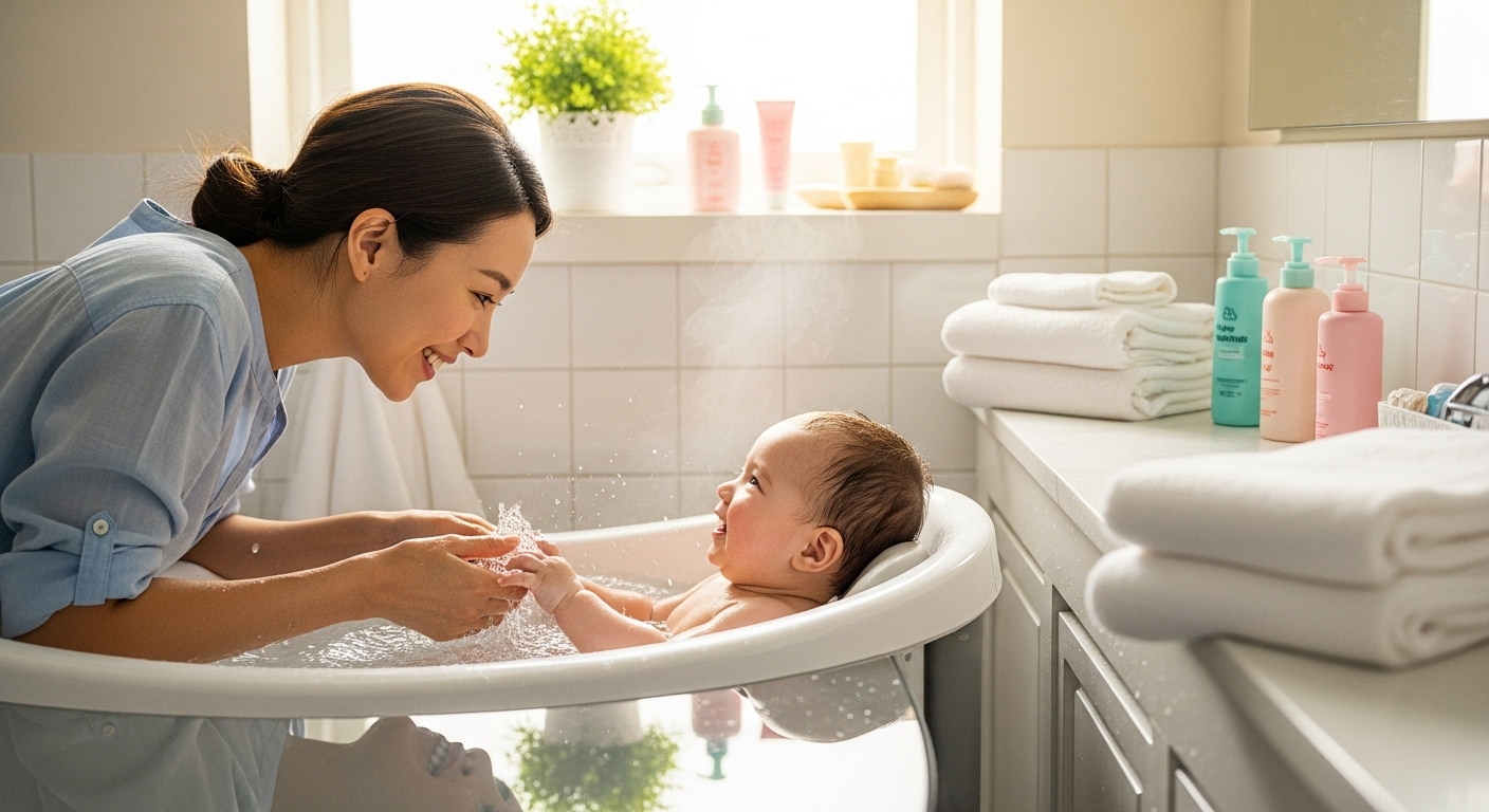 한국인 엄마가 아기 욕조에서 즐거워하는 아기를 부드럽게 목욕시키는 모습, 행복한 목욕 시간을 보여주는 이미지.