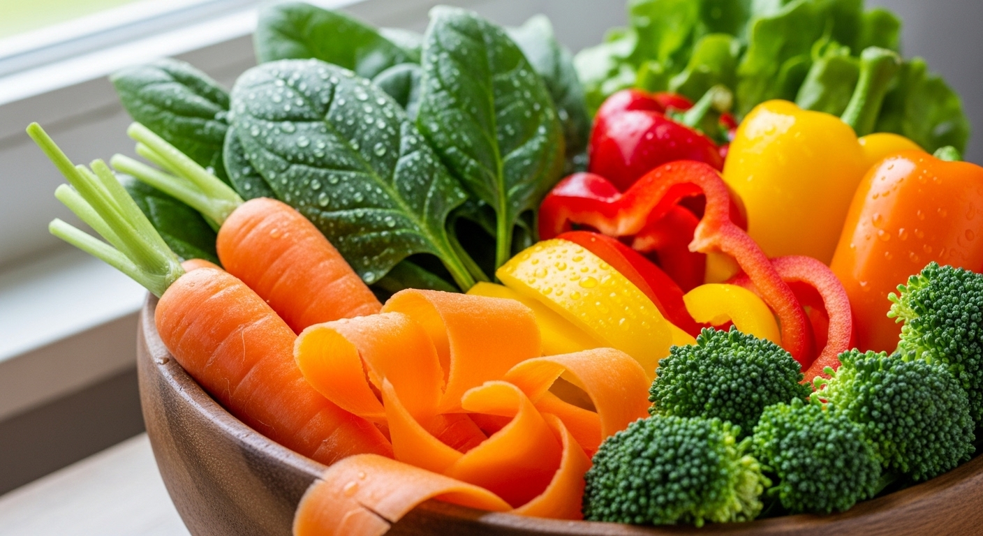 다채로운 신선한 채소들이 보기 좋게 담겨 있는 그릇의 근접 촬영으로 건강하고 균형 잡힌 식단을 나타냄.