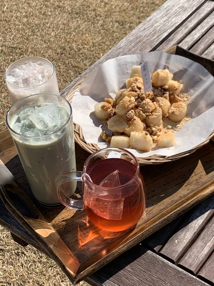 미숫가루, 쑥라테, 오미자차, 가래떡구이