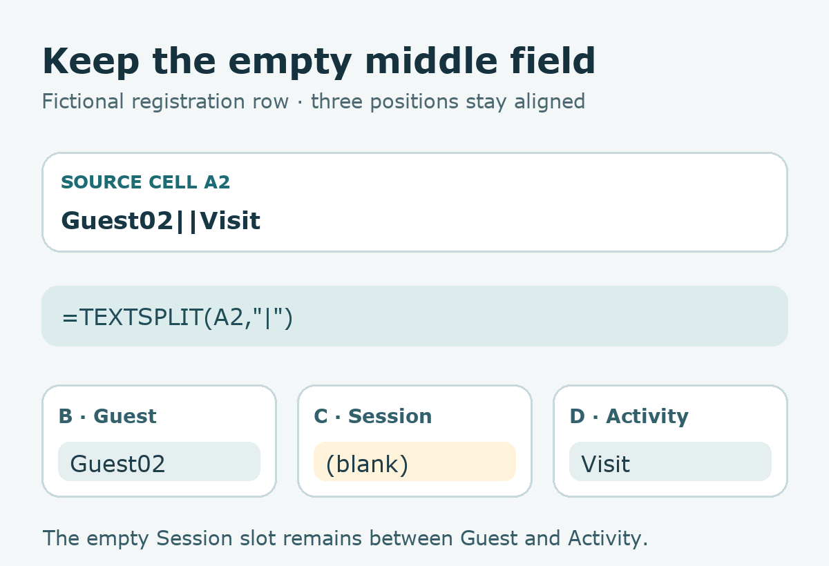 TEXTSPLIT divides Guest02, an empty Session field, and Visit into three adjacent output cells without shifting the final field.