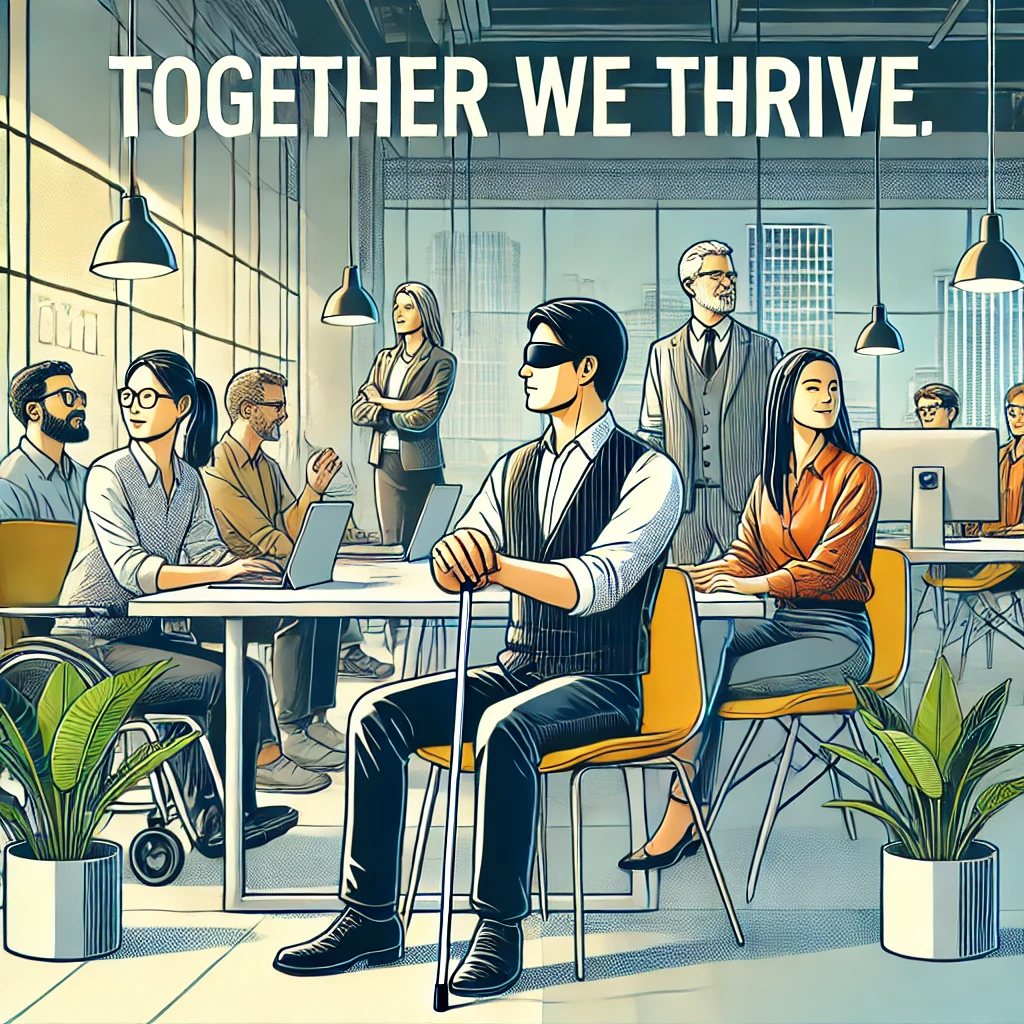 밝은 사무실에서 다양한 전문가들이 협력하며 일하고, 시각 장애인이 흰 지팡이를 사용하여 활동하는 모습