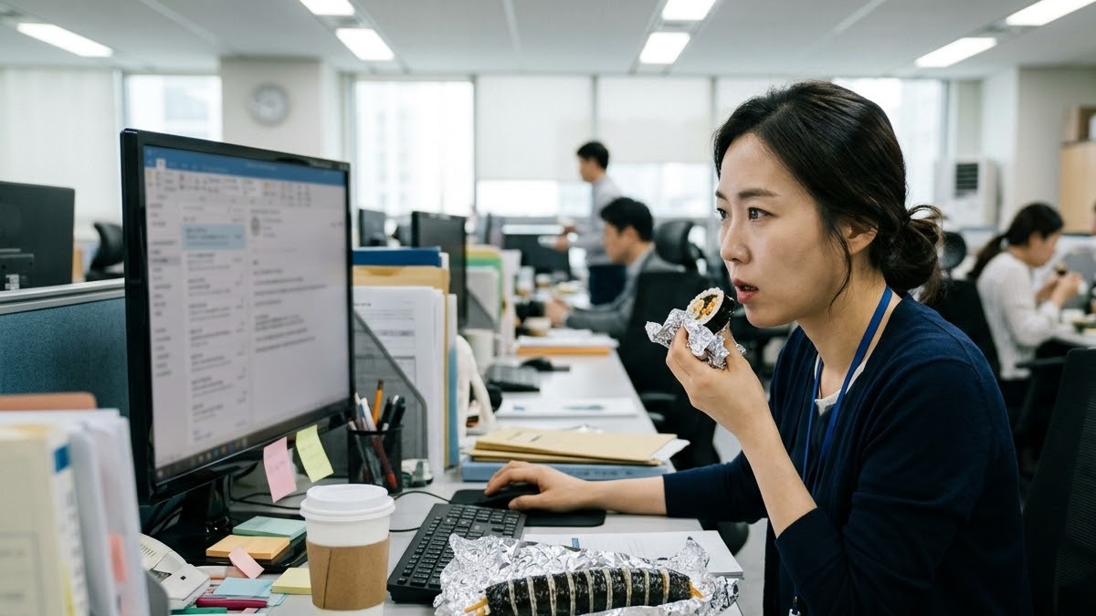 사무실 책상에서 모니터를 보며 김밥을 급하게 먹는 30대 직장인
